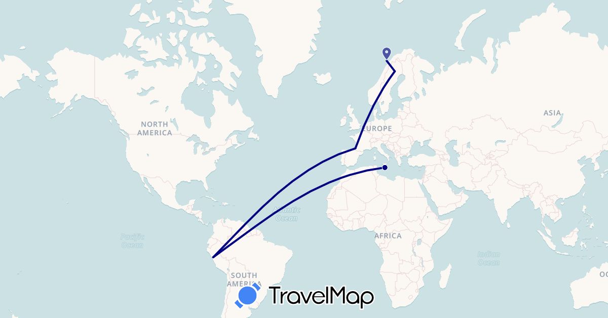TravelMap itinerary: driving in France, Malta, Norway, Peru, Sweden (Europe, South America)